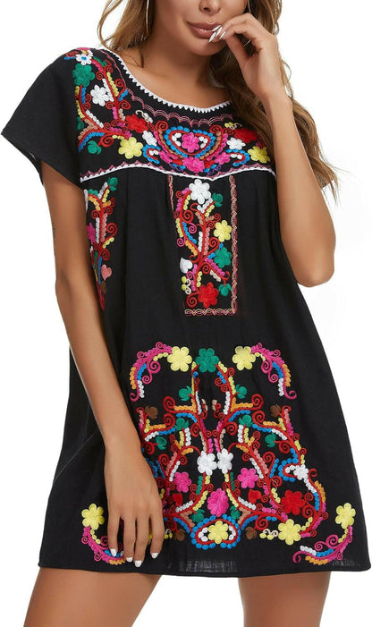 Women Mexican Embroidered Dress Short Sleeve.