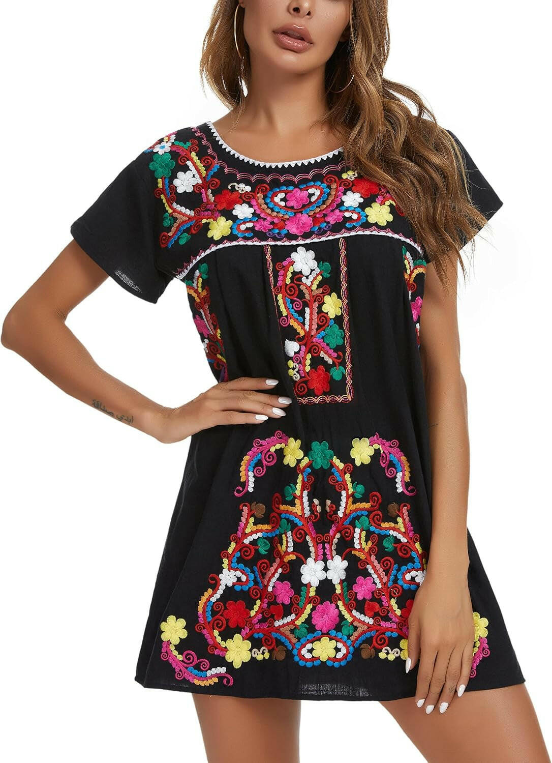 Women Mexican Embroidered Dress Short Sleeve.