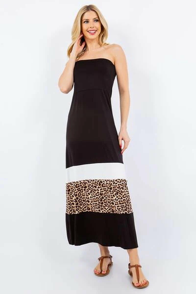 Celeste Full Size Leopard Color Block Tube Maxi Dress plus Size.