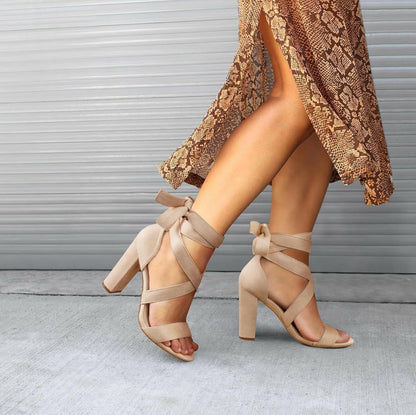 Strappy Heels for Women Chunky Heels High Heeled Sandals with Lace up Fahsion Casual Nude Block Heel Sandals.