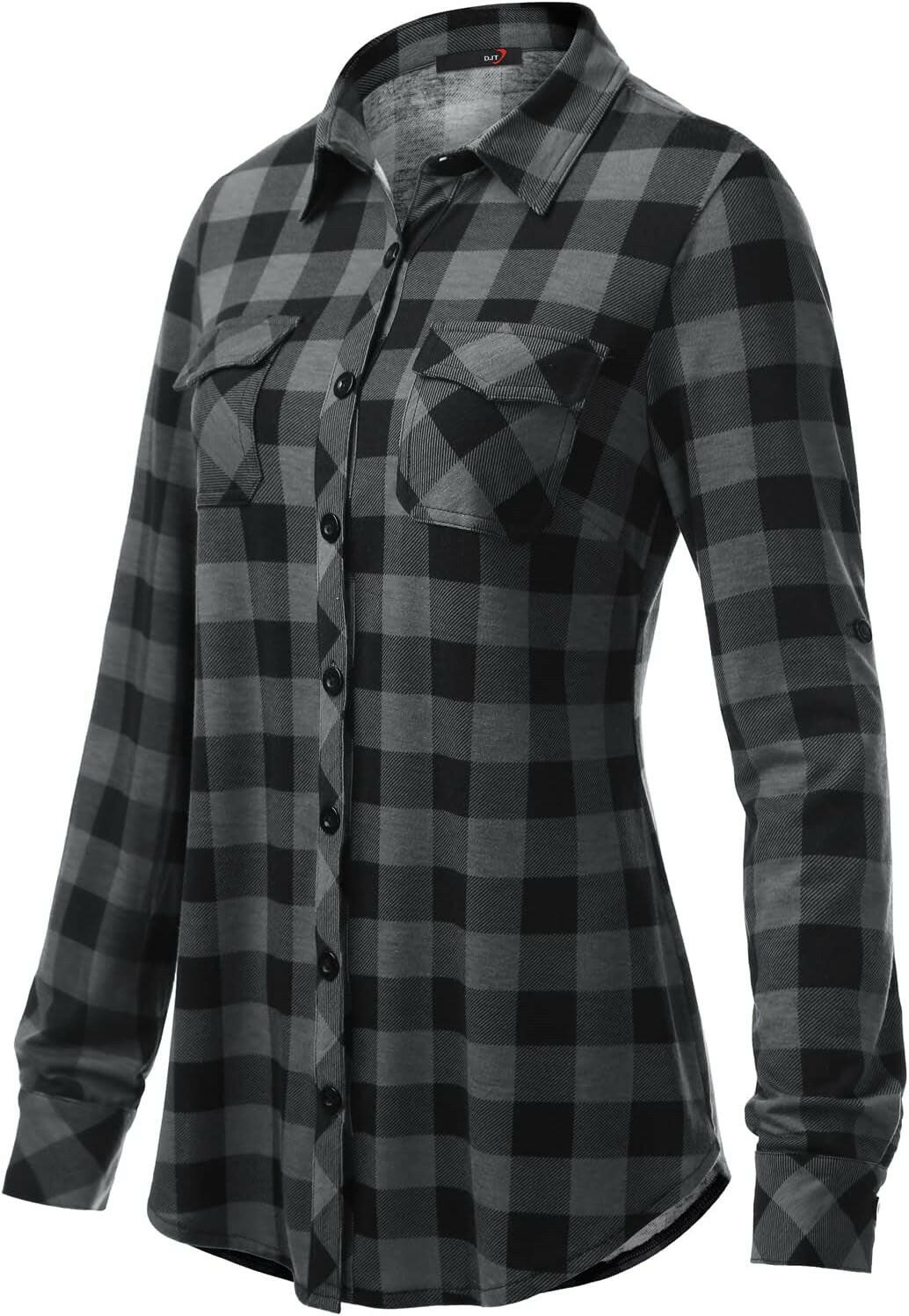 Womens Soft Stretchy Knit Plaid Shirts Roll up Long Sleeve Collared Button down Blouses Tops.