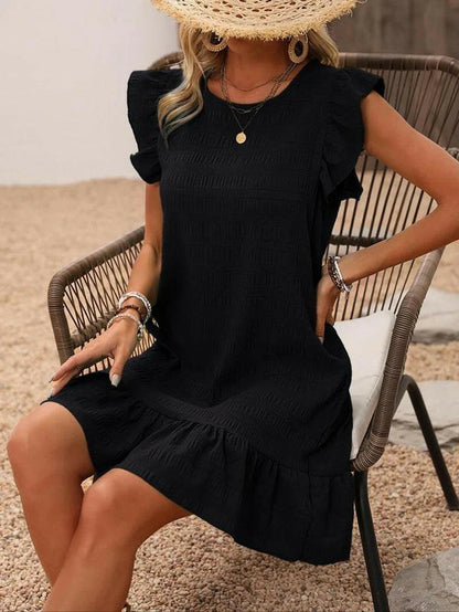 Women'S Plain Ruffle Trim Cut Out Smock Dress, Boho Textured Butterfly Sleeve round Neck Short Dress for Summer, Ladies Clothes for Beach Holiday.