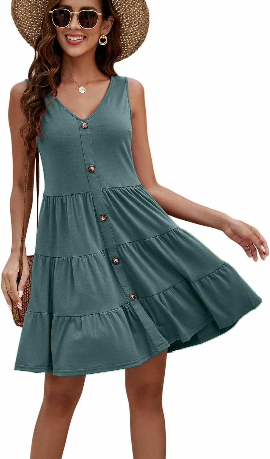 Women'S Button Front Dress Summer Sleeveless V-Neck Pleated Swing Dresses.