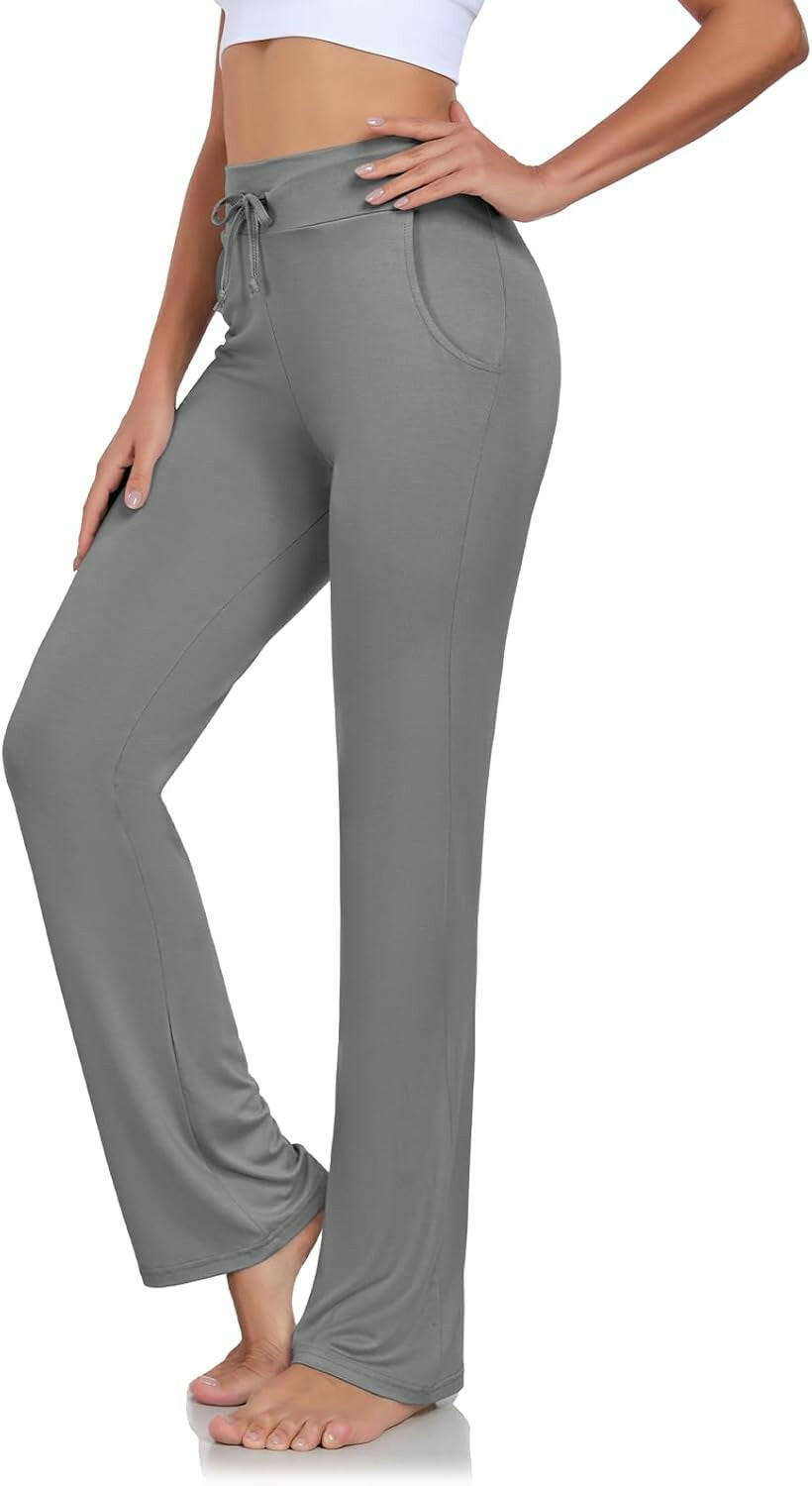 Womens Yoga Pants with Pockets Straight-Leg Loose Comfy Modal Drawstring Lounge Running Long Active Casual Sweatpants.