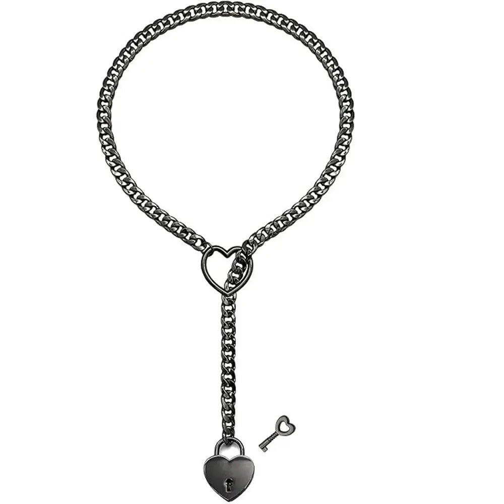 Adjustable Heart O-Ring Punk Rock Cuban Chain Necklace – Lariat Y-Style Necklace with Key & Heart Lock Pendant.