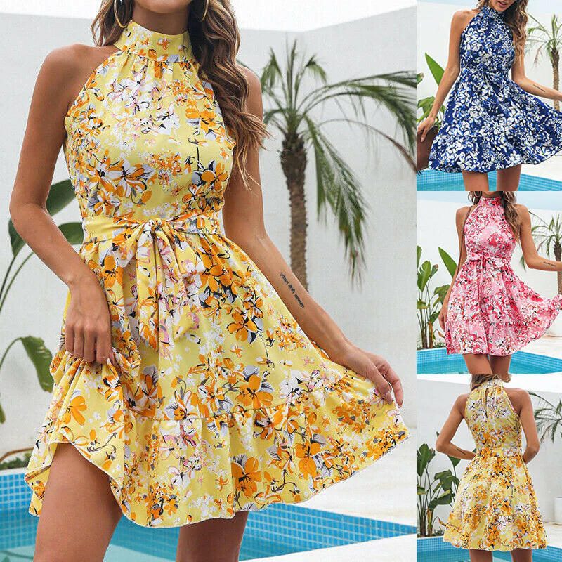 New Flowers Print Halterneck Dress Summer Fashion Temperament Lace-Up Ruffled Dresses for Women.