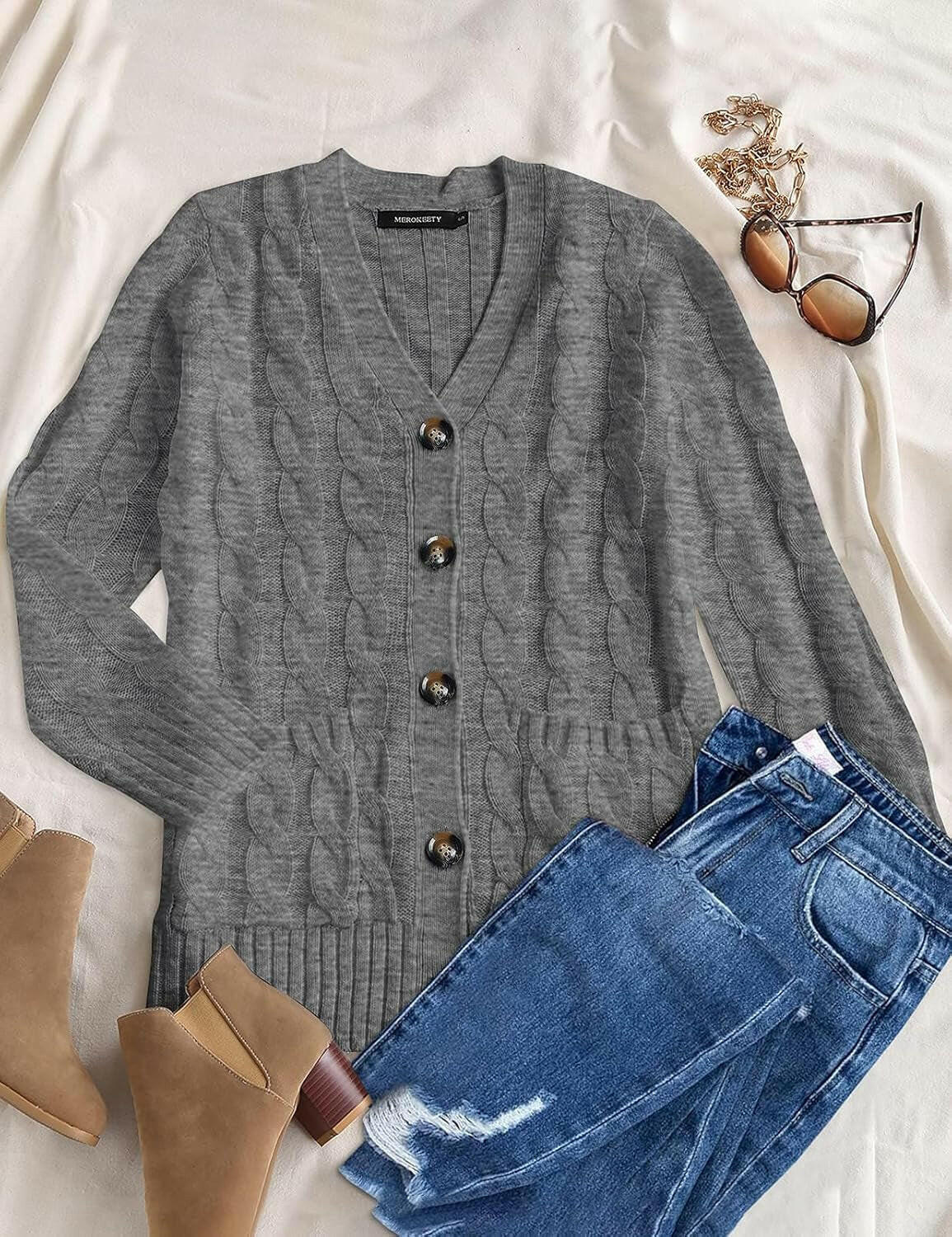 Women'S 2024 Fall Long Sleeve Cable Knit Sweater Open Front Cardigan Button Loose Outerwear.