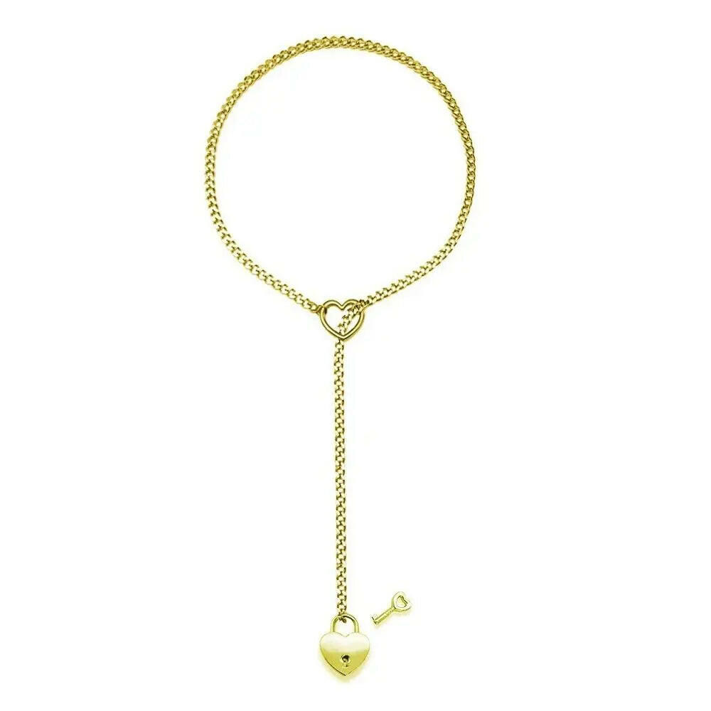 Adjustable Heart O-Ring Punk Rock Cuban Chain Necklace – Lariat Y-Style Necklace with Key & Heart Lock Pendant.