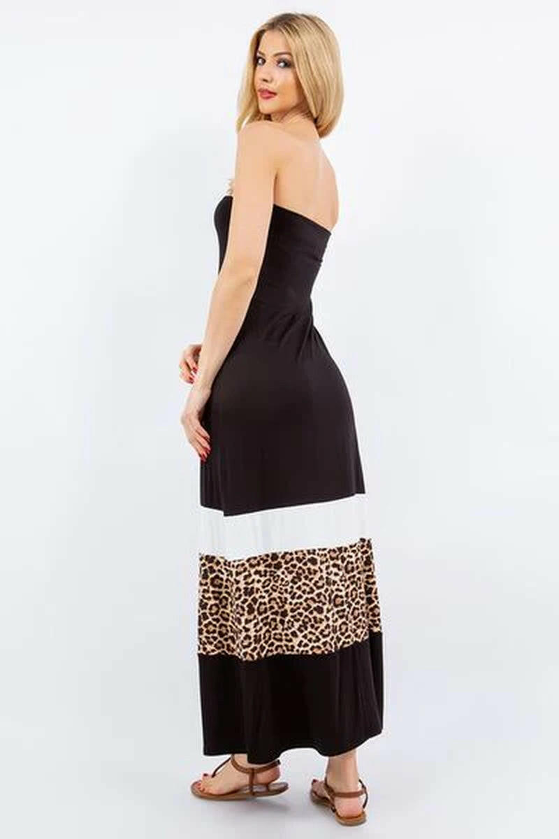 Celeste Full Size Leopard Color Block Tube Maxi Dress plus Size.