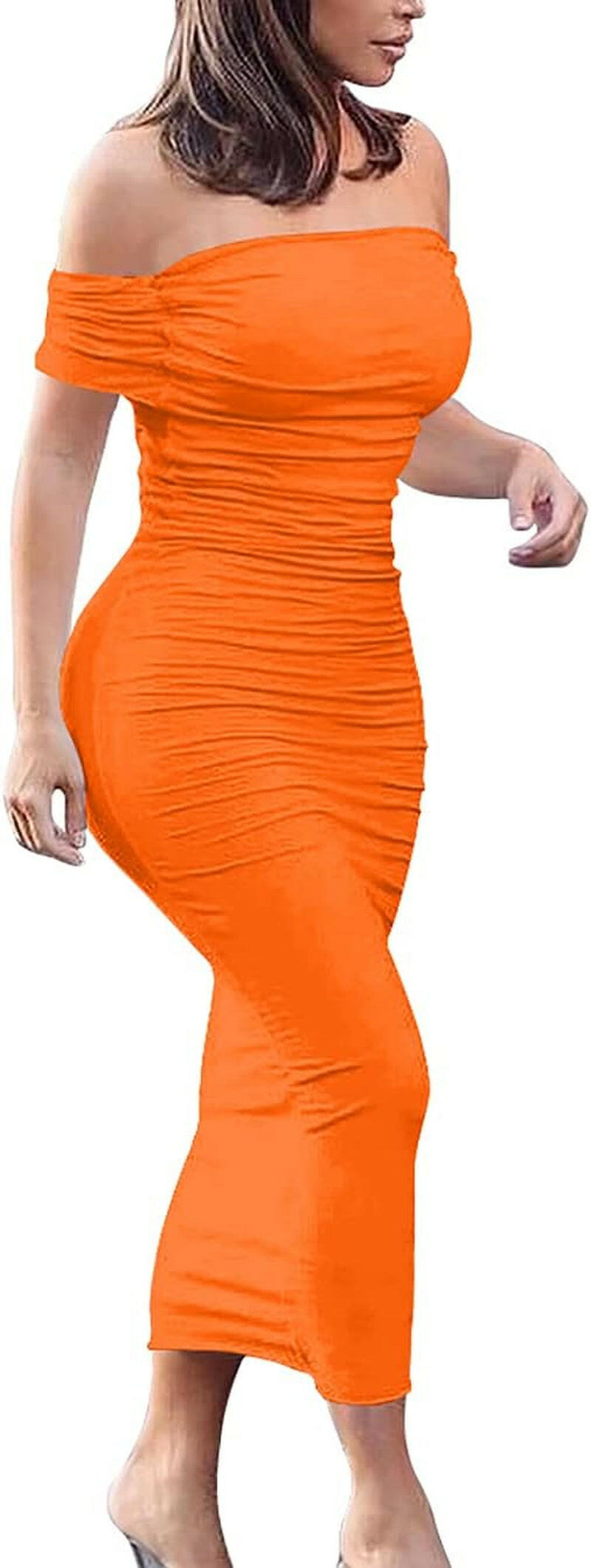 Women'S Ruched off Shoulder Short Sleeve Bodycon Midi Elegant Cocktail Party Dress.