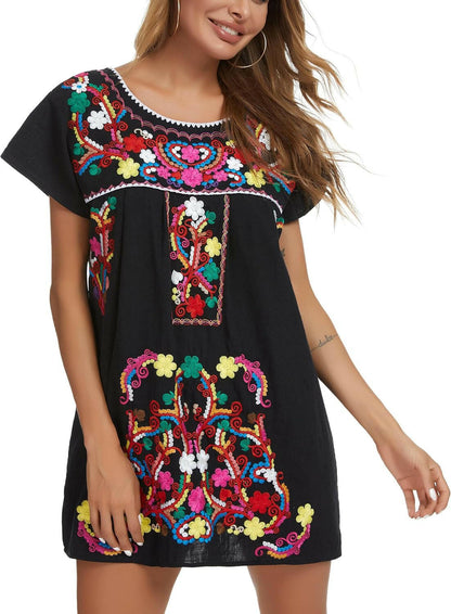 Women Mexican Embroidered Dress Short Sleeve.