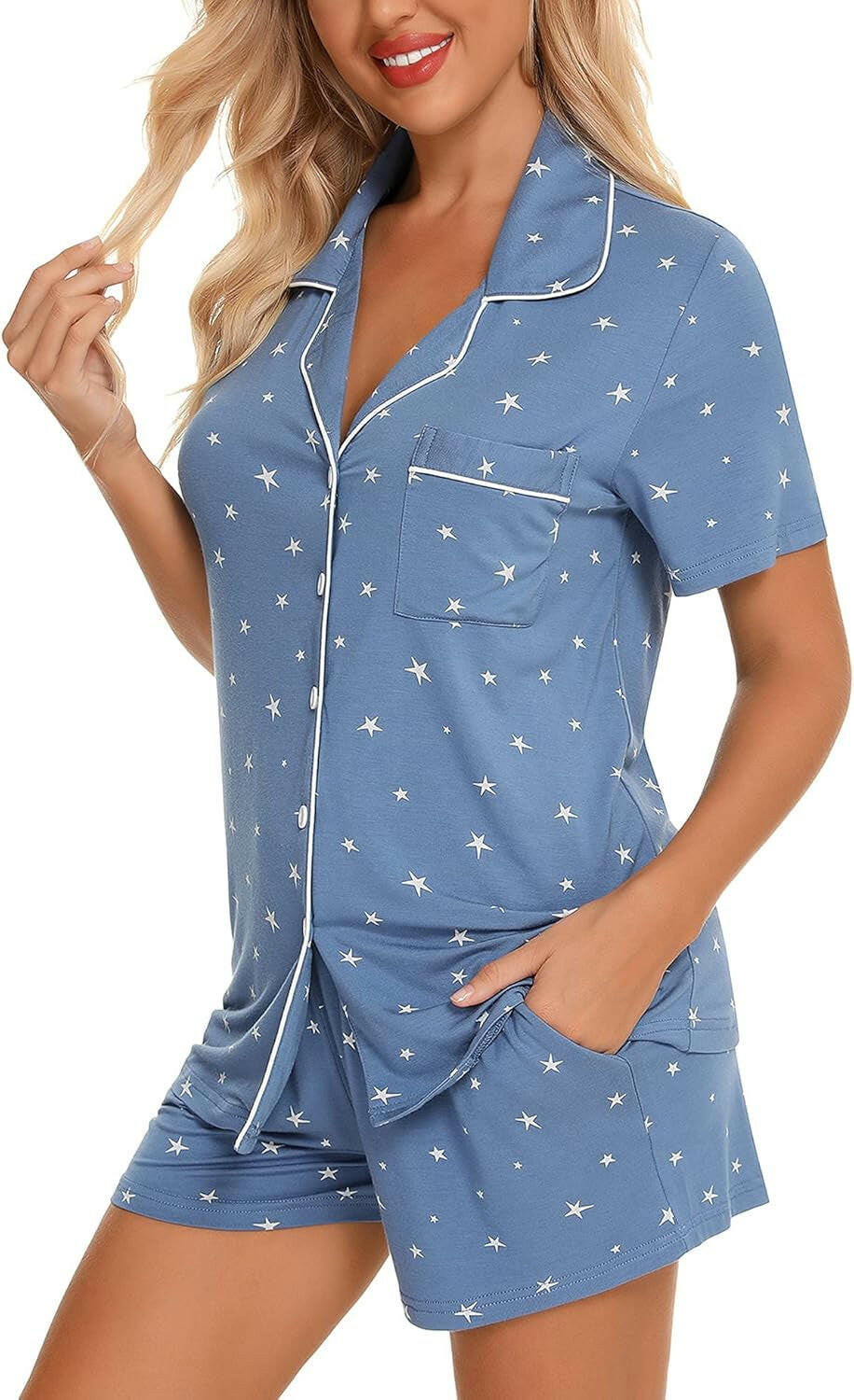 Womens Pajamas Set Short Sleeve Sleepwear Button down Nightwear Shorts Soft Pj Sets S-XXL.