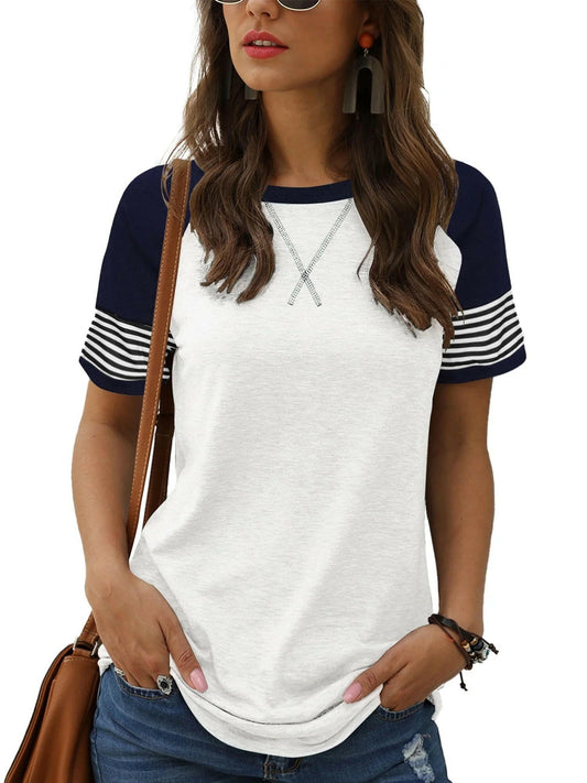 Summer Short Sleeve Tops for Women Color Block Casual Tunic Crew Neck Cute Striped T Shirts White Tees.