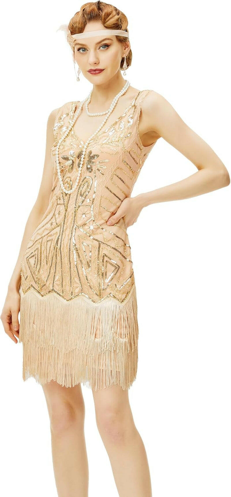 Women'S Flapper Dresses 1920S V Neck Beaded Fringed Great Gatsby Dress.