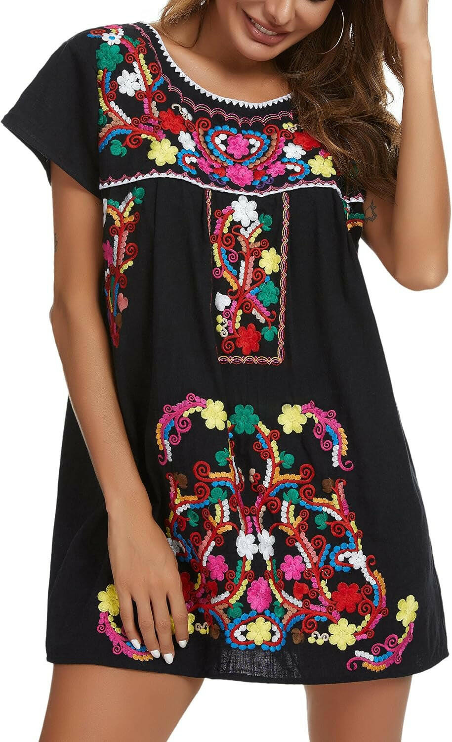 Women Mexican Embroidered Dress Short Sleeve.