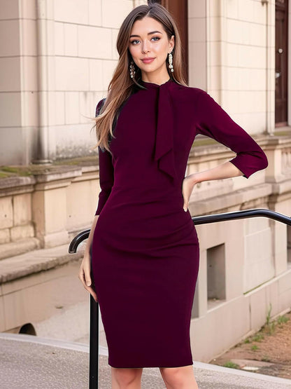 Women'S Retro Half Collar Ruffle 2/3 Sleeve Cocktail Pencil Dress(X-Large, Burgundy).