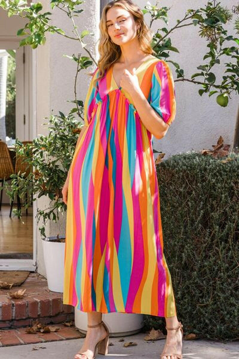 ODDI Striped Puff Sleeve Jumpsuit - Full Size Wide Leg Design.