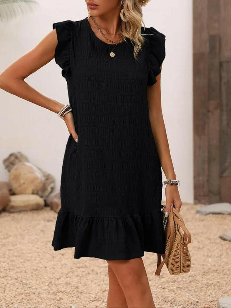 Women'S Plain Ruffle Trim Cut Out Smock Dress, Boho Textured Butterfly Sleeve round Neck Short Dress for Summer, Ladies Clothes for Beach Holiday.