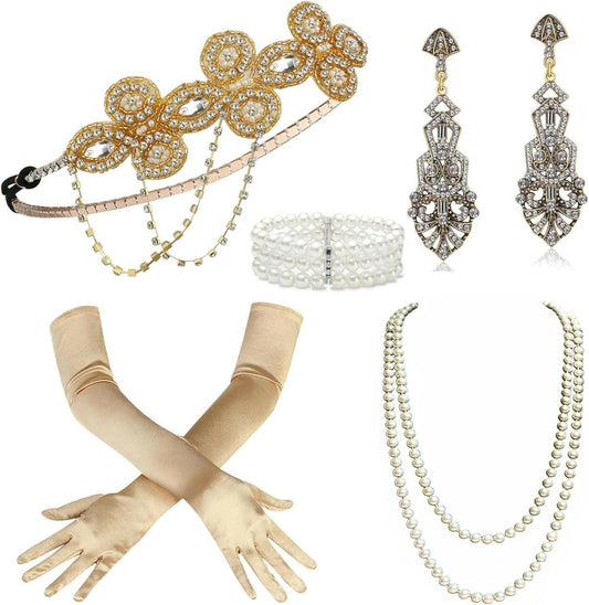 1920S Flapper Accessories Gatsby Costume Accessories Set 20S Flapper Headband Pearl Necklace Gloves Plastic Holder.