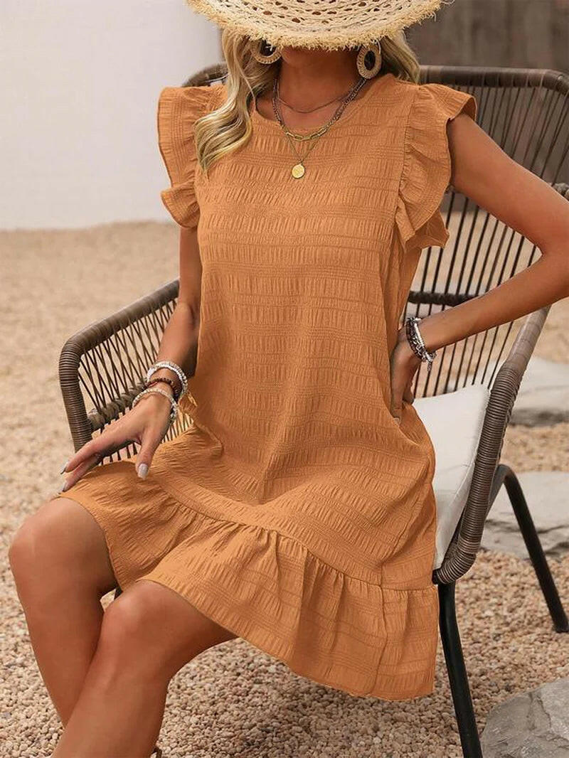 Women'S Plain Ruffle Trim Cut Out Smock Dress, Boho Textured Butterfly Sleeve round Neck Short Dress for Summer, Ladies Clothes for Beach Holiday.