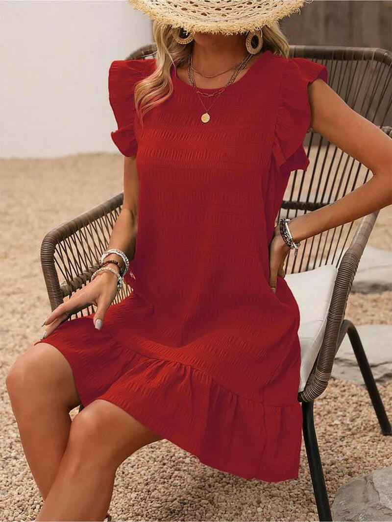 Women'S Plain Ruffle Trim Cut Out Smock Dress, Boho Textured Butterfly Sleeve round Neck Short Dress for Summer, Ladies Clothes for Beach Holiday.