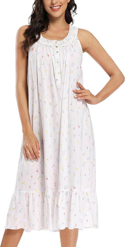 100% Cotton Nightgowns for Women Soft Ladies Gowns Sleepwear Long Sleeveless Nightgown.