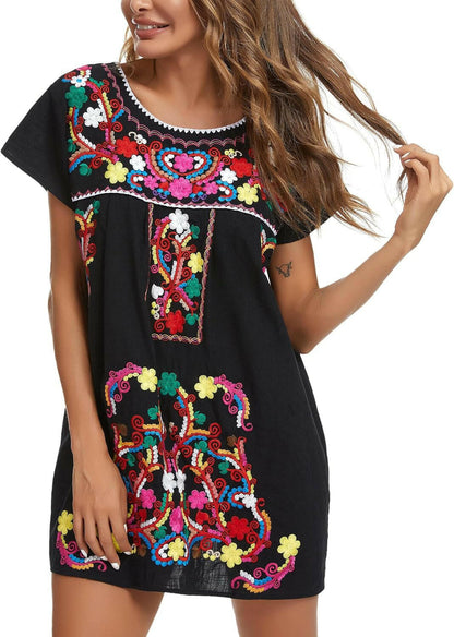 Women Mexican Embroidered Dress Short Sleeve.