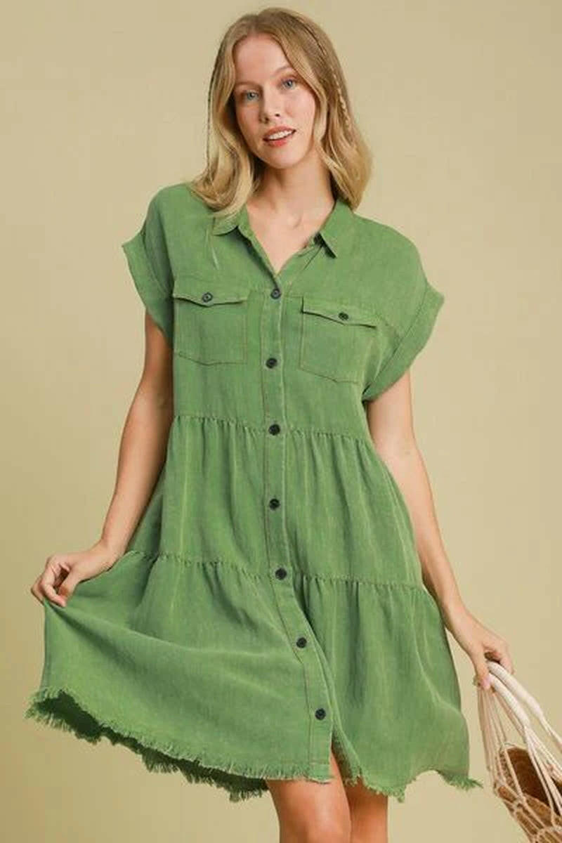 Umgee Full Size Frayed Hemline Button down Shirt Dress plus Size.