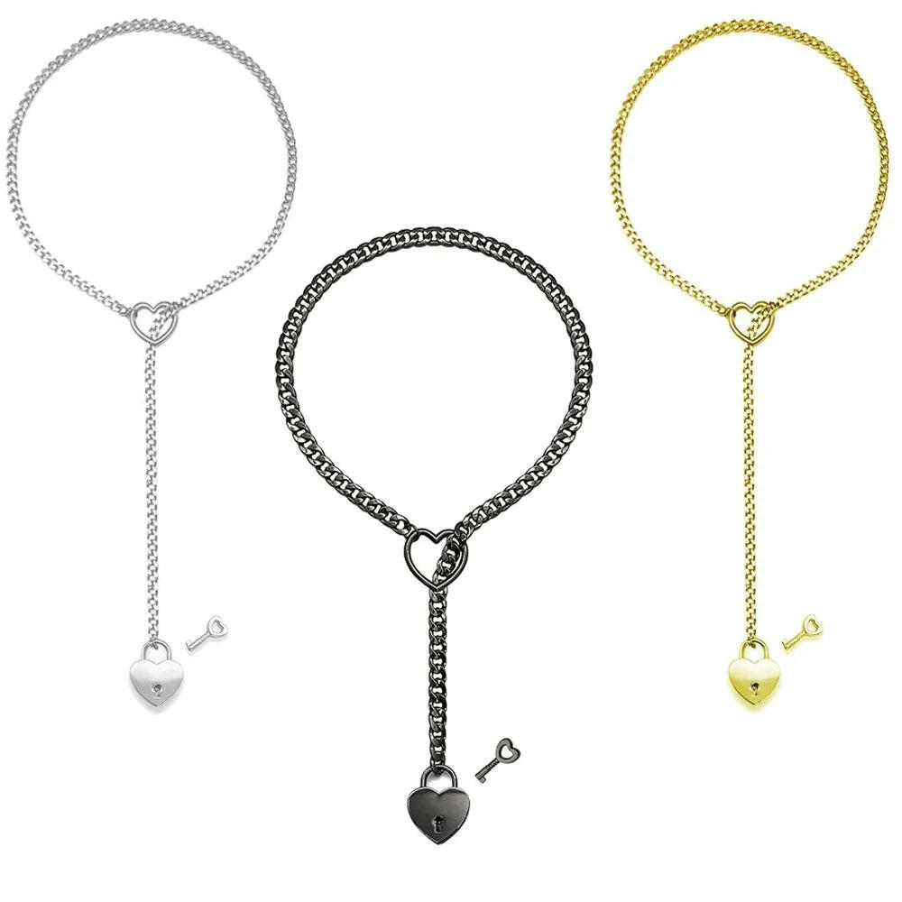 Adjustable Heart O-Ring Punk Rock Cuban Chain Necklace – Lariat Y-Style Necklace with Key & Heart Lock Pendant.