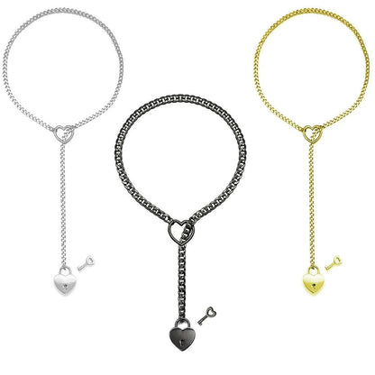 Adjustable Heart O-Ring Punk Rock Cuban Chain Necklace – Lariat Y-Style Necklace with Key & Heart Lock Pendant.