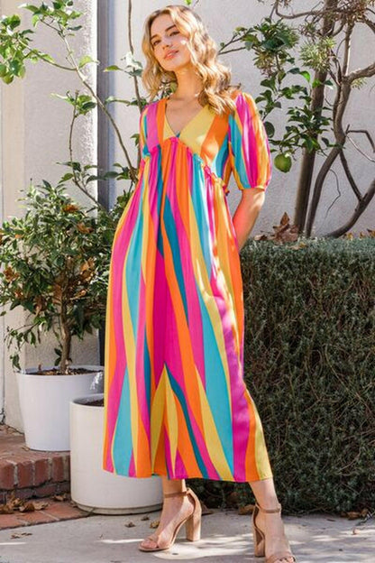 ODDI Striped Puff Sleeve Jumpsuit - Full Size Wide Leg Design.