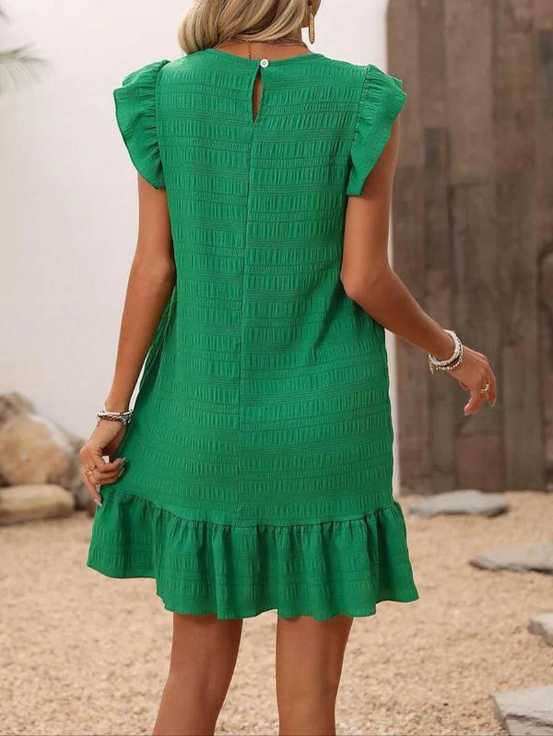 Women'S Plain Ruffle Trim Cut Out Smock Dress, Boho Textured Butterfly Sleeve round Neck Short Dress for Summer, Ladies Clothes for Beach Holiday.