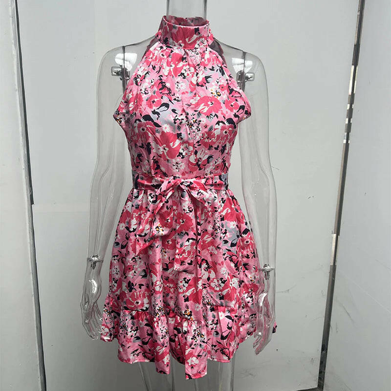 New Flowers Print Halterneck Dress Summer Fashion Temperament Lace-Up Ruffled Dresses for Women.