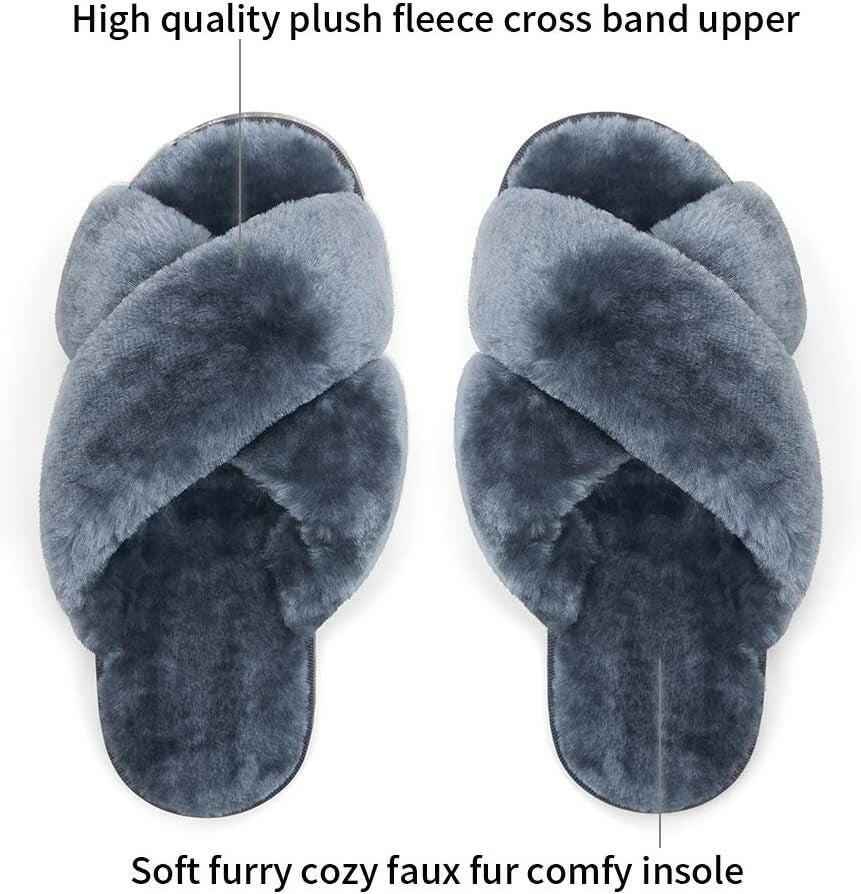 Women'S 801 Cross Band Slippers, Soft Plush Furry Open Toe Fur Slides, Fuzzy Fluffy Slip on House Shoes Indoor Outdoor Slippers.