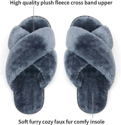 Women'S 801 Cross Band Slippers, Soft Plush Furry Open Toe Fur Slides, Fuzzy Fluffy Slip on House Shoes Indoor Outdoor Slippers.