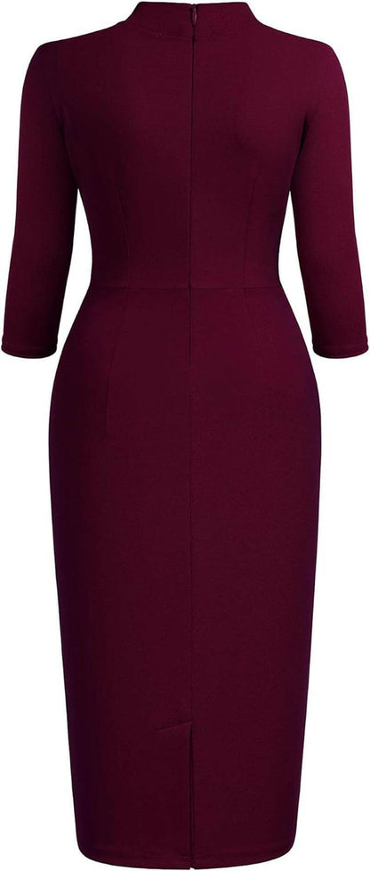 Women'S Retro Half Collar Ruffle 2/3 Sleeve Cocktail Pencil Dress(X-Large, Burgundy).