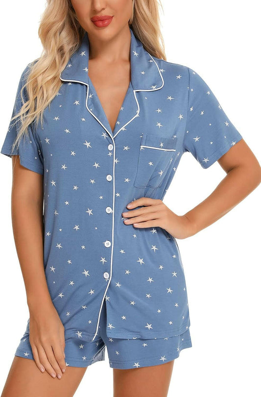 Womens Pajamas Set Short Sleeve Sleepwear Button down Nightwear Shorts Soft Pj Sets S-XXL.