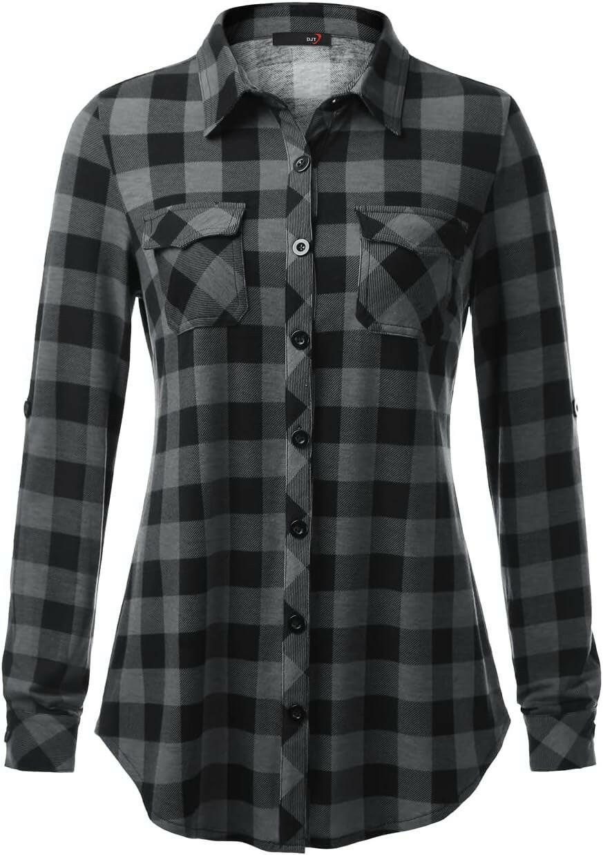 Womens Soft Stretchy Knit Plaid Shirts Roll up Long Sleeve Collared Button down Blouses Tops.