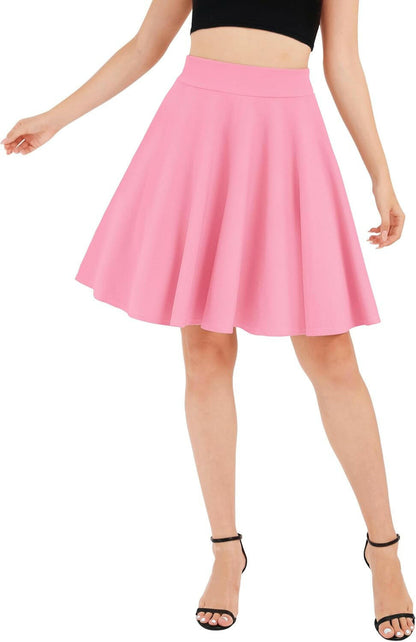 Women'S Basic Midi Skirt Versatile Stretchy Flared Casual High Waisted Skirt.