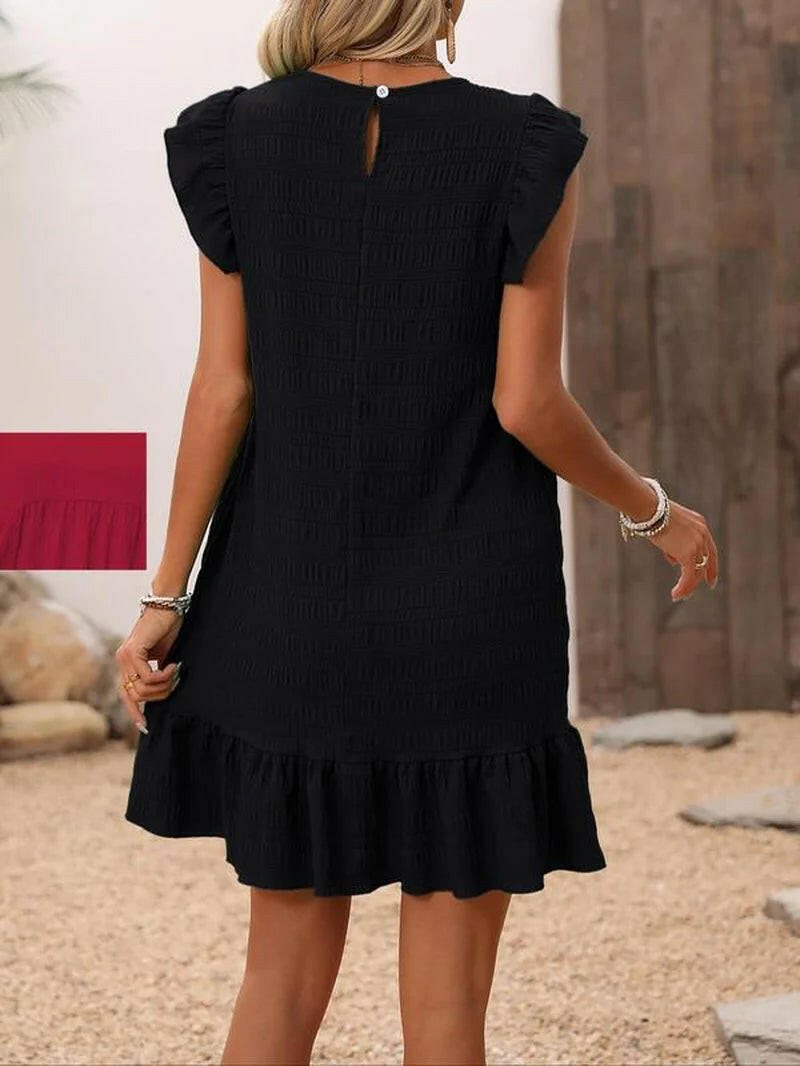 Women'S Plain Ruffle Trim Cut Out Smock Dress, Boho Textured Butterfly Sleeve round Neck Short Dress for Summer, Ladies Clothes for Beach Holiday.