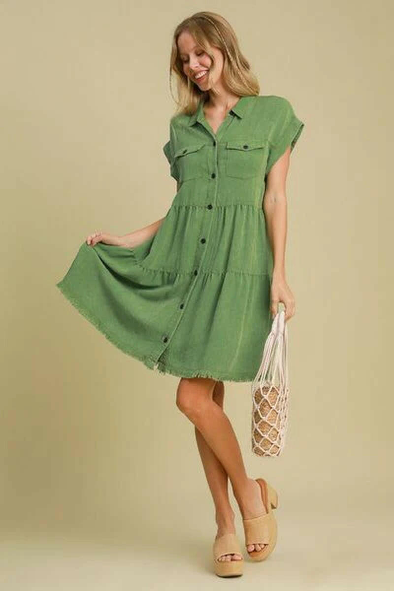 Umgee Full Size Frayed Hemline Button down Shirt Dress plus Size.