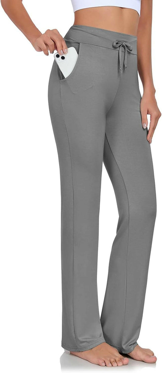 Womens Yoga Pants with Pockets Straight-Leg Loose Comfy Modal Drawstring Lounge Running Long Active Casual Sweatpants.