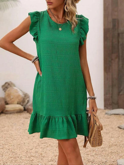 Women'S Plain Ruffle Trim Cut Out Smock Dress, Boho Textured Butterfly Sleeve round Neck Short Dress for Summer, Ladies Clothes for Beach Holiday.