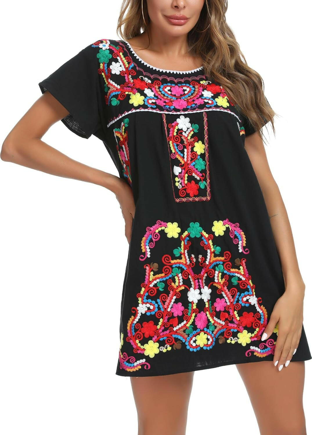 Women Mexican Embroidered Dress Short Sleeve.