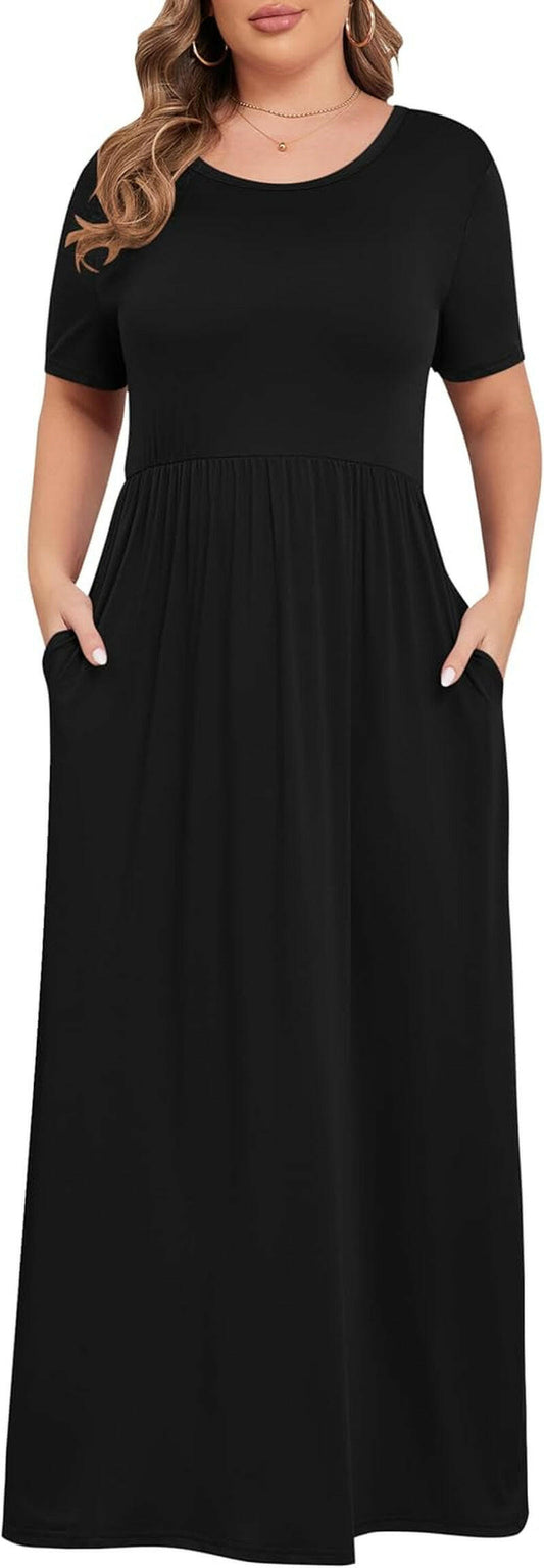 Women’S plus Size Maxi Dresses for Curvy Women Summer Casual Short Sleeve Long Dress with Pockets.