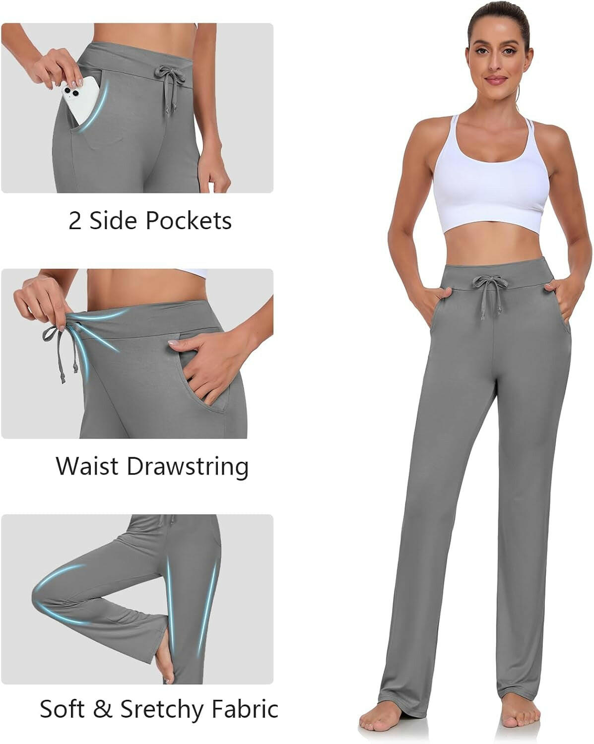 Womens Yoga Pants with Pockets Straight-Leg Loose Comfy Modal Drawstring Lounge Running Long Active Casual Sweatpants.