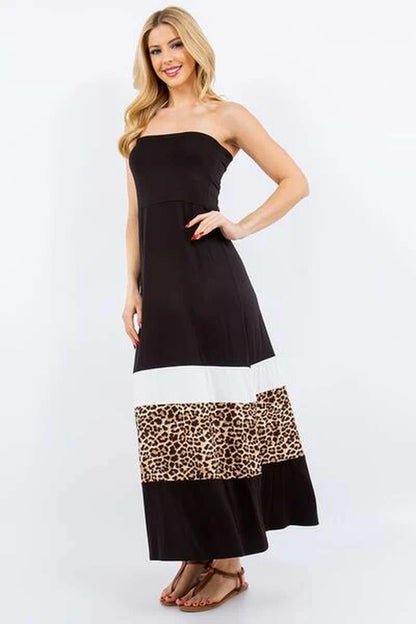 Celeste Full Size Leopard Color Block Tube Maxi Dress plus Size.