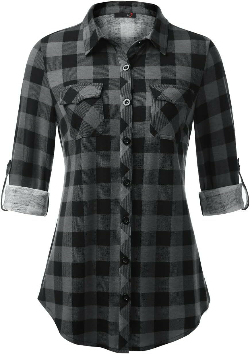 Womens Soft Stretchy Knit Plaid Shirts Roll up Long Sleeve Collared Button down Blouses Tops.