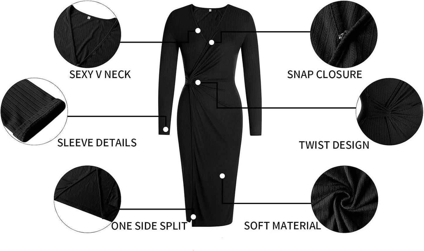 Women'S Long Sleeve Dress: Midi Casual V Neck Twist Waist Ribbed Knit Bodycon Slit Cocktail Party Dresses.