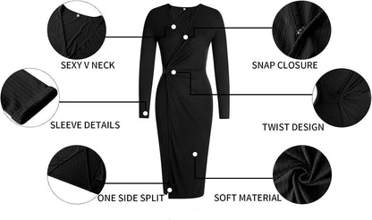 Women'S Long Sleeve Dress: Midi Casual V Neck Twist Waist Ribbed Knit Bodycon Slit Cocktail Party Dresses.